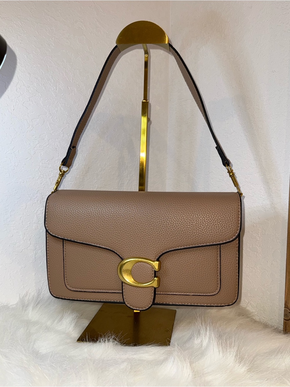 Coach Taupe Pebble Leather Shoulder Bag with Gold 'C' Accent